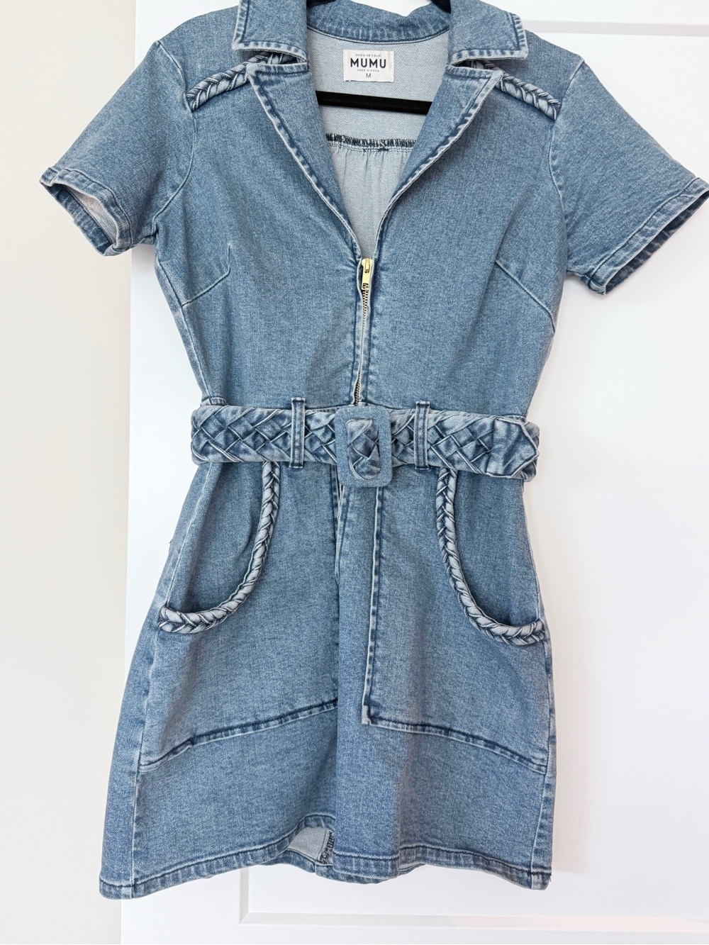 Show Me Your MuMu Light Blue Denim Zip-Front Dress with Braided Belt